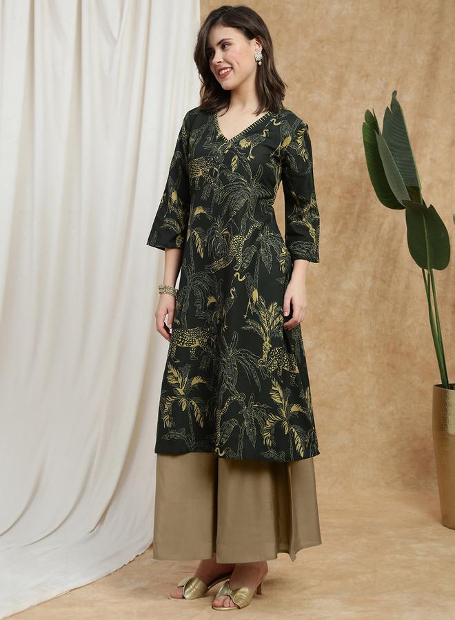 globus Women Olive Bell Sleeves Tropical Print Kurta - Image 1